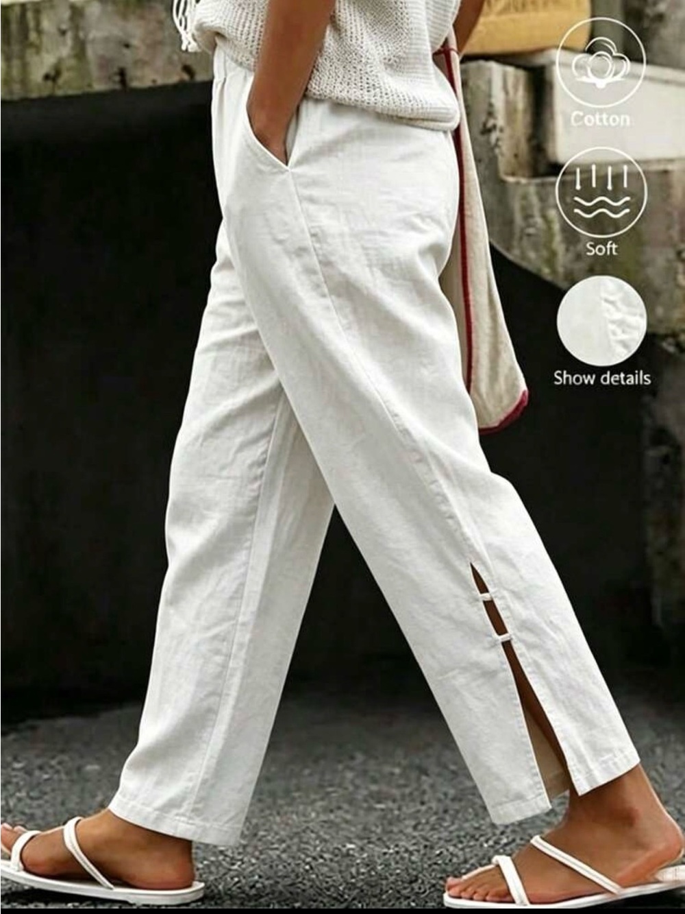 Brand new White Straight-Leg Cotton Pants with Side Slit